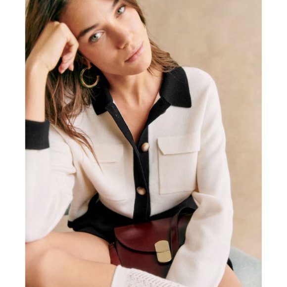 NWOT Sezane Betty Cardigan in Ecru Black Ivory Contrast Long Sleeves Button Wool